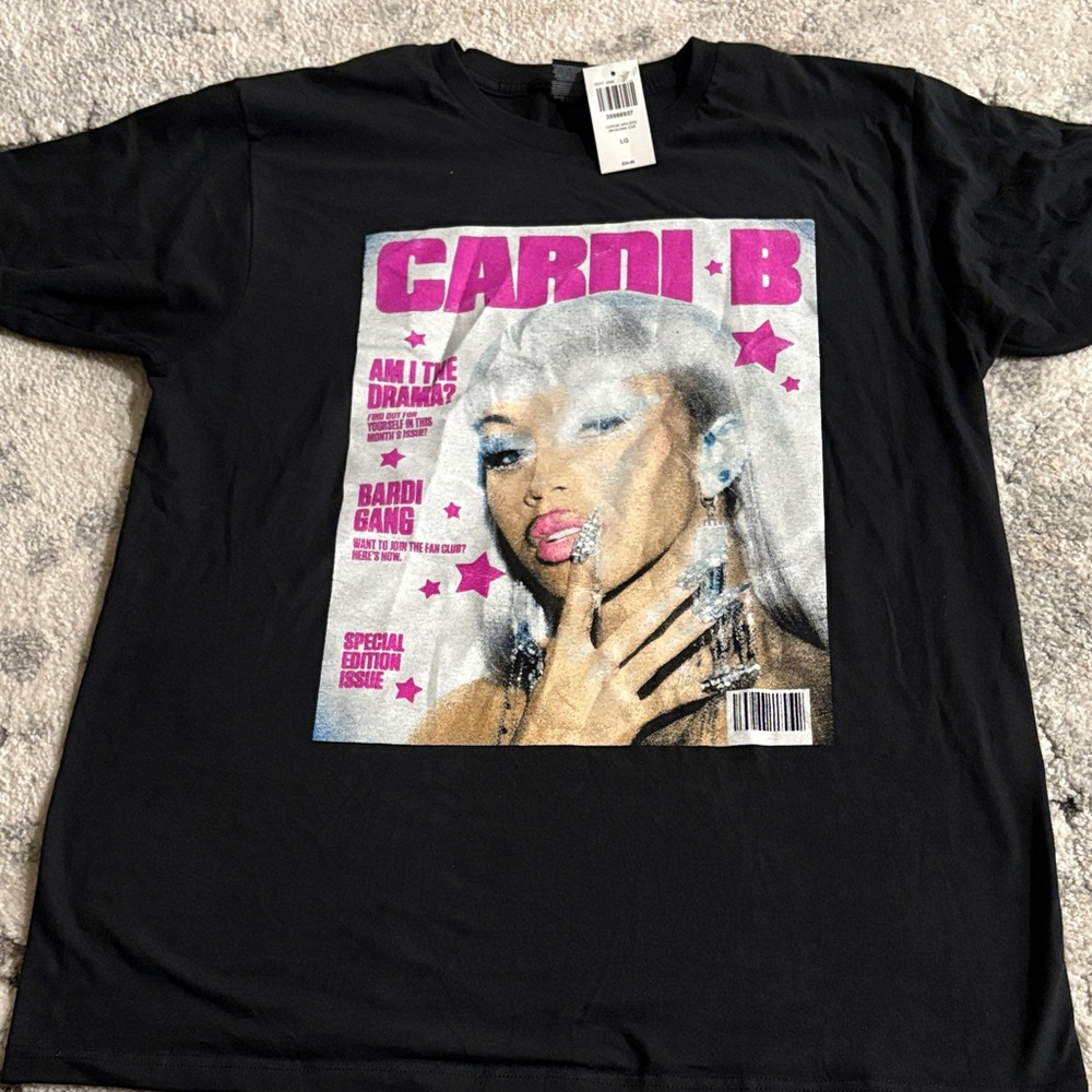Cardi B Graphic Tee - Black with Pink & Silver Print